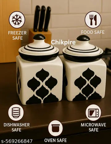 Premium Ceramic Jars Set of 2 - Black & White Kitchen Storage Jars